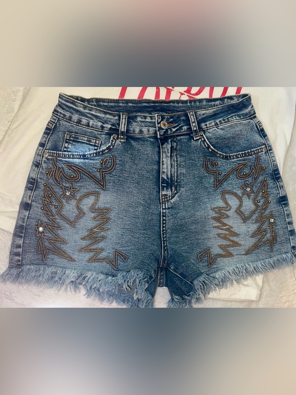 Women’s Blue Distressed Embroidered Denim Shorts